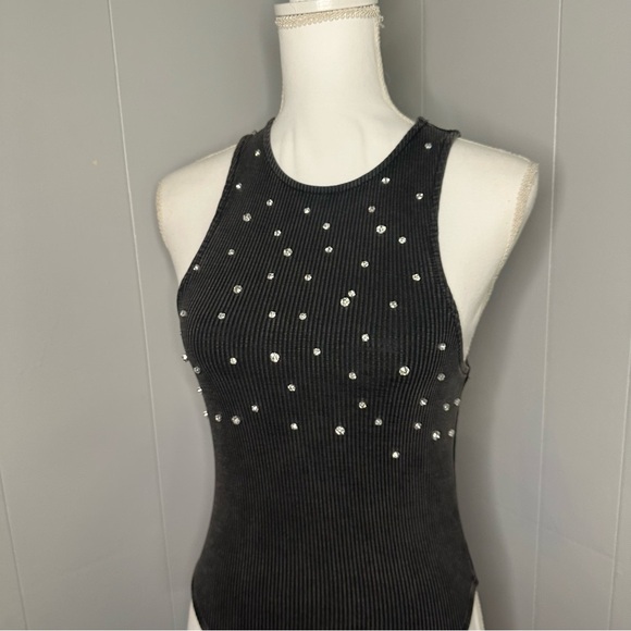 ZARA Black Rhinestone Studded Ribbed Bodysuit | Size M | Sparkly Party Top - Picture 2 of 6